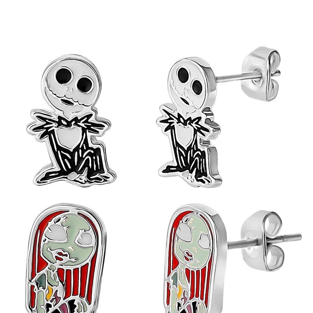 Disney Nightmare Before Christmas Stud Earrings Jack & Sally Silver Plated Nwt - Picture 3 of 4